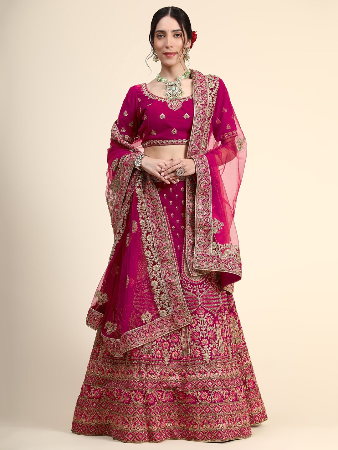 

Phenav Magenta & Gold-Toned Embroidered Thread Work Ready to Wear Lehenga & Blouse With Dupatta