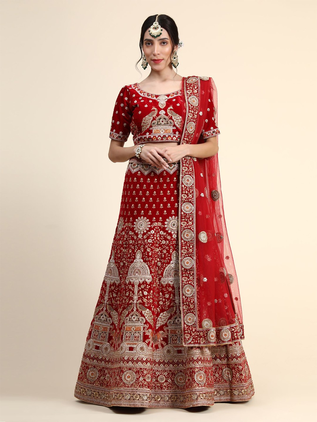 

Phenav Red & Gold-Toned Embroidered Thread Work Ready to Wear Lehenga & Blouse With Dupatta