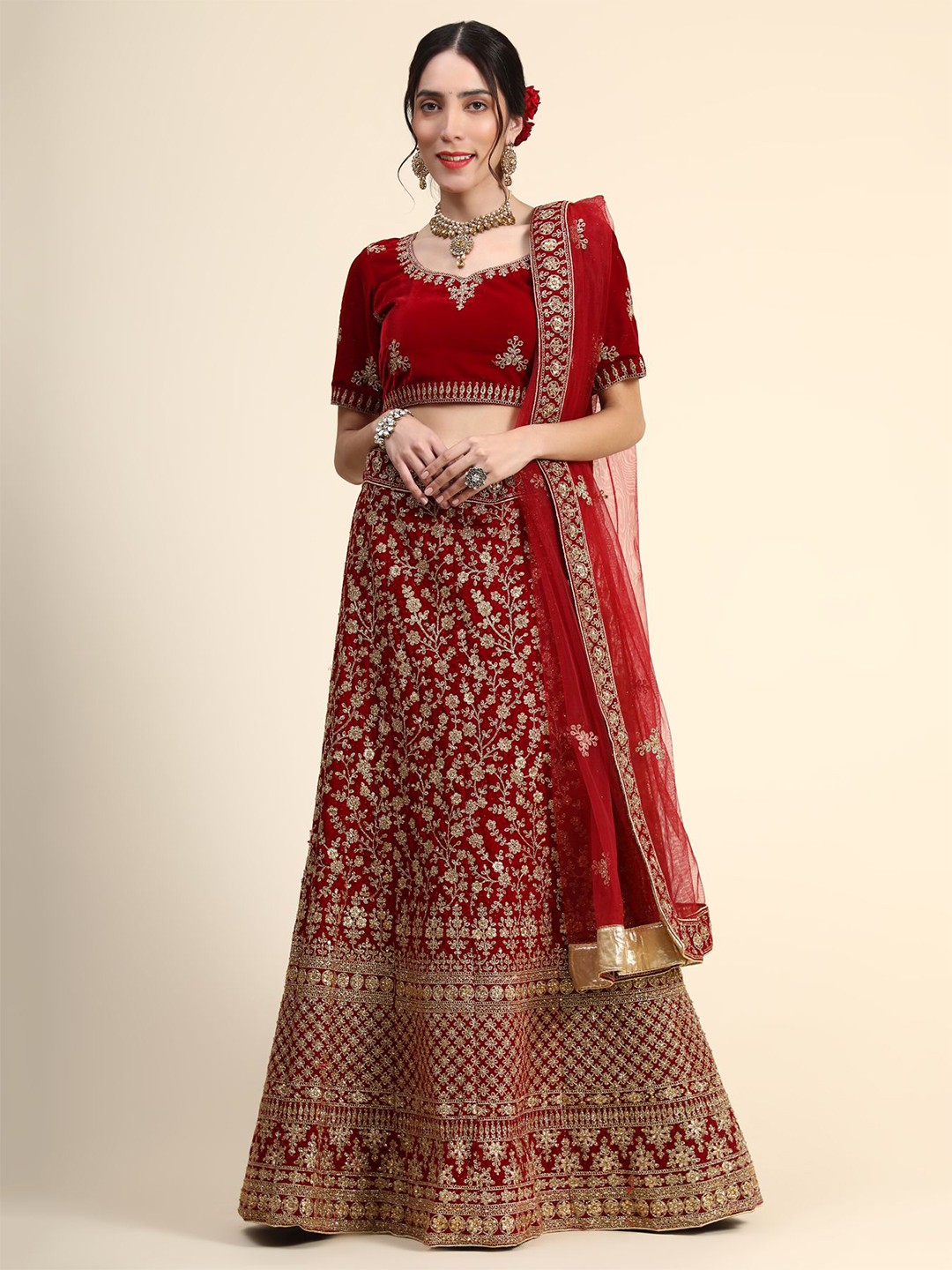 

Phenav Maroon & Gold-Toned Embroidered Thread Work Ready to Wear Lehenga & Blouse With Dupatta