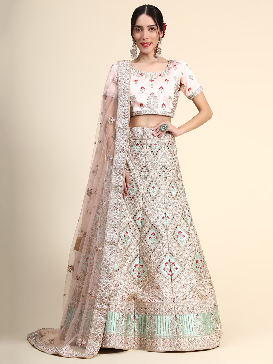 

Phenav Off White & Red Embroidered Thread Work Ready to Wear Lehenga & Blouse With Dupatta