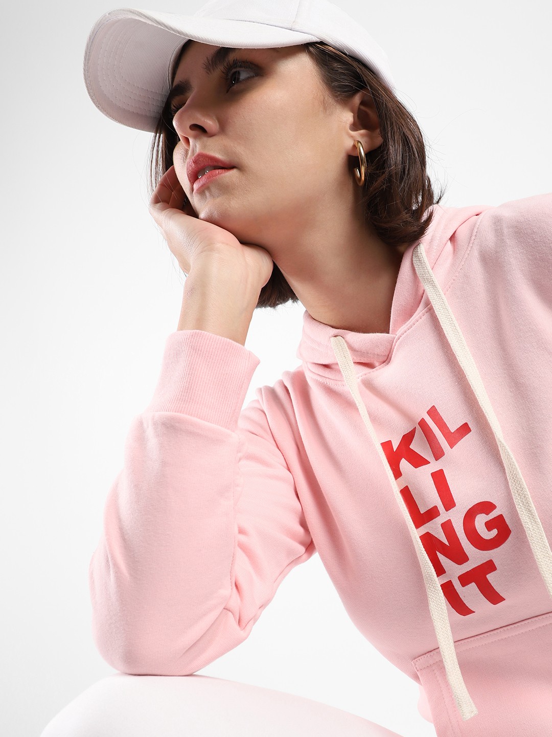 

Campus Sutra Women Pink Printed Hooded Cotton Sweatshirt