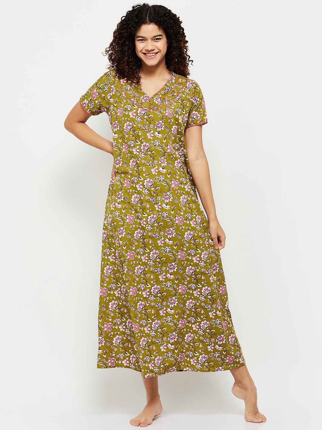 

max Olive Green Floral Printed Nightdress