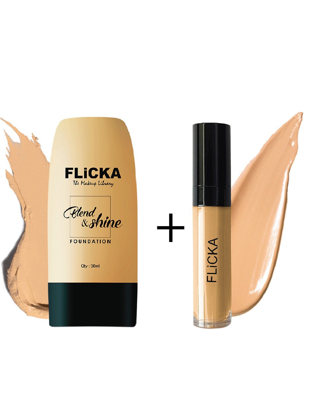 

FLiCKA Set of Blend & Shine Foundation 30ml- Caramel & Cover Story Concealer 8.5ml - Ivory, Beige