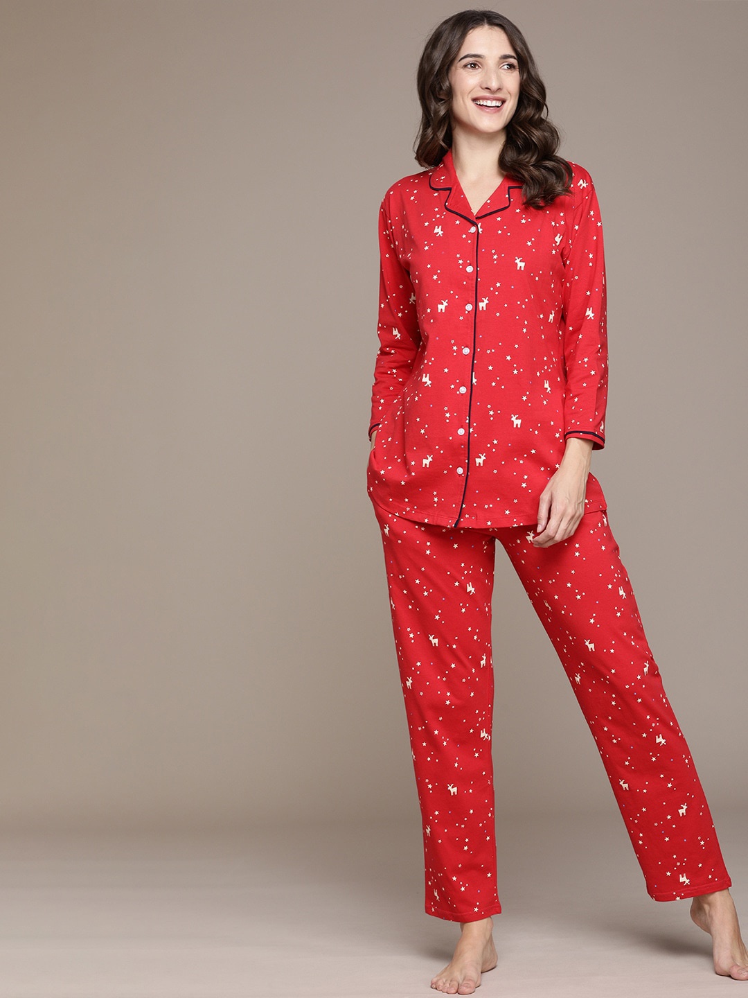 

beebelle Women Red & White Printed Pure Cotton Nightsuit