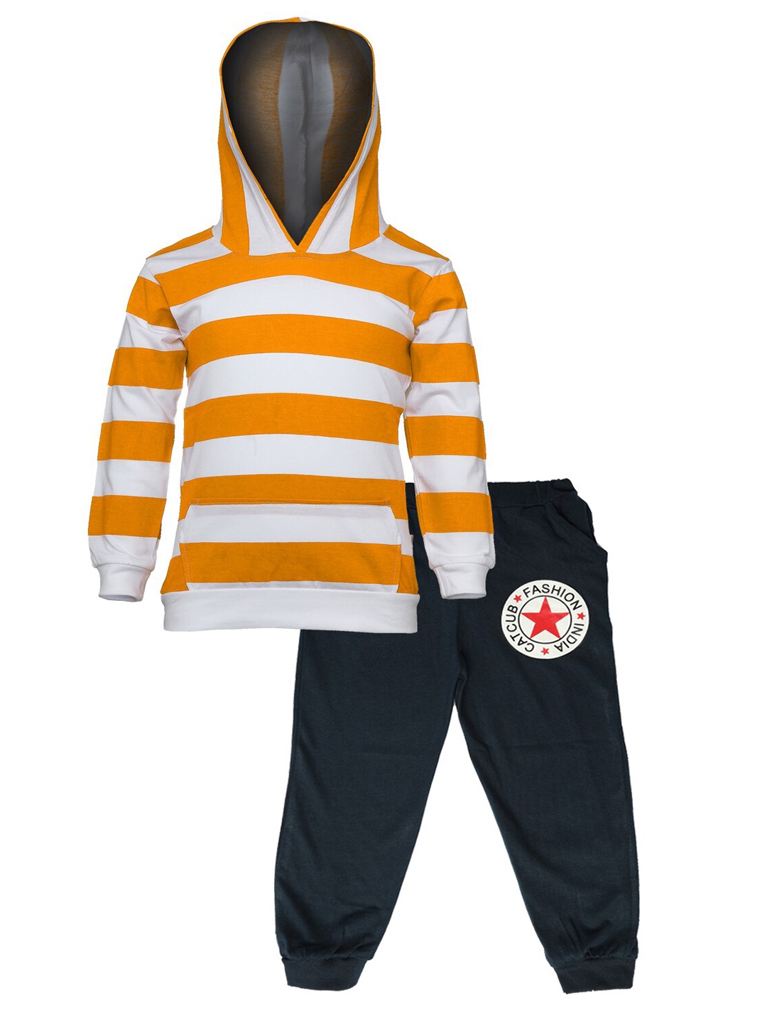 

CATCUB Kids Yellow & White Striped Pure Cotton Hooded T-shirt with Trousers