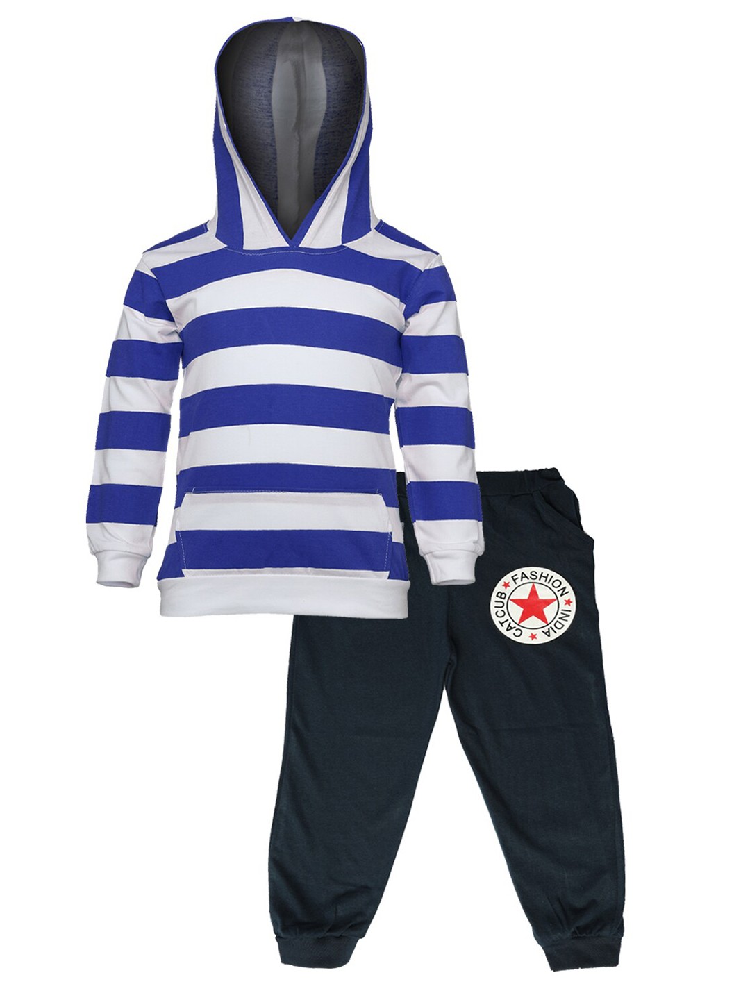 

CATCUB Kids Blue & White Striped Pure Cotton Hooded T-shirt with Trousers