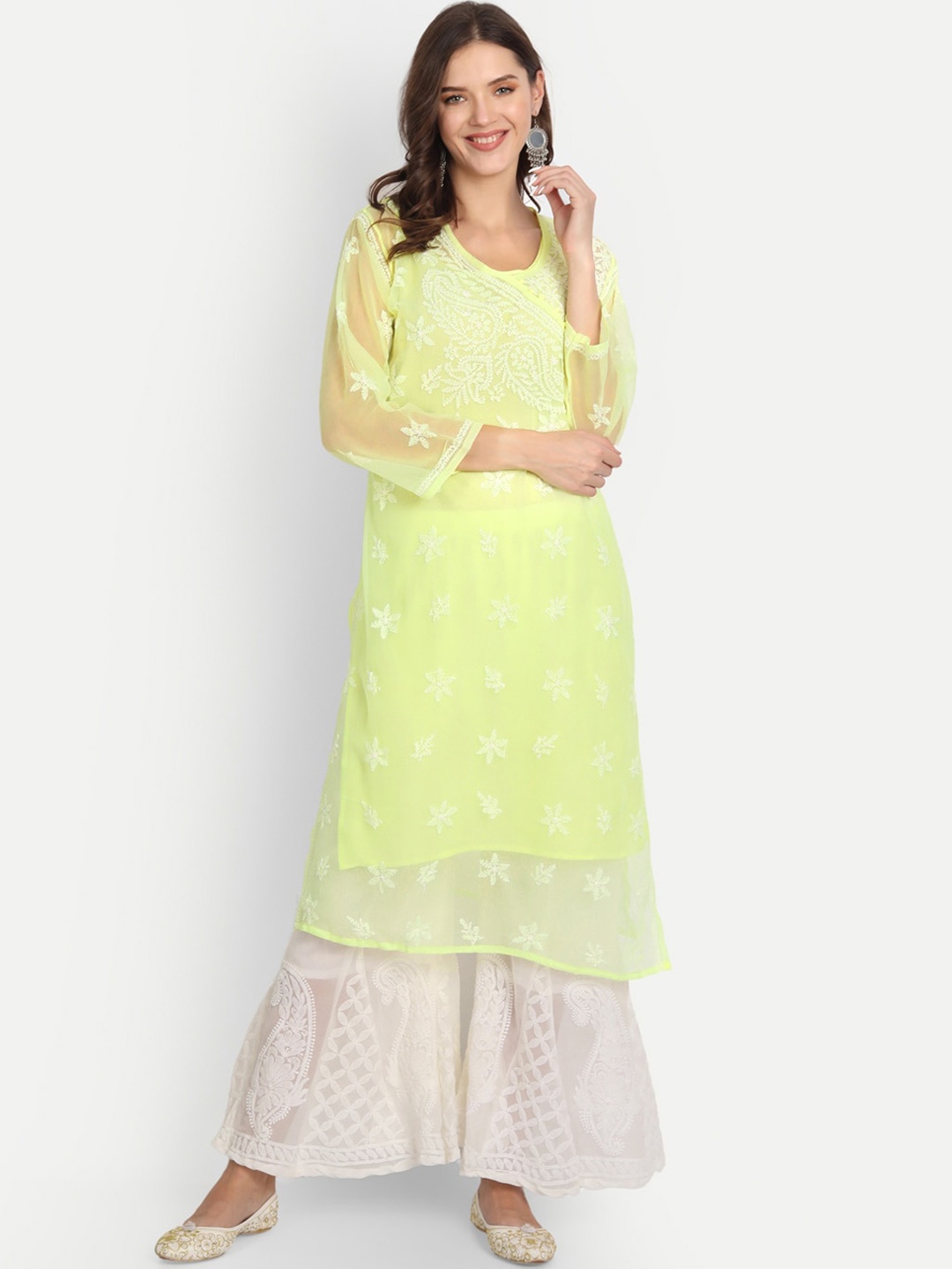 

Indiankala4u Women Yellow Ethnic Motifs Embroidered Chikankari Kurta with Palazzos