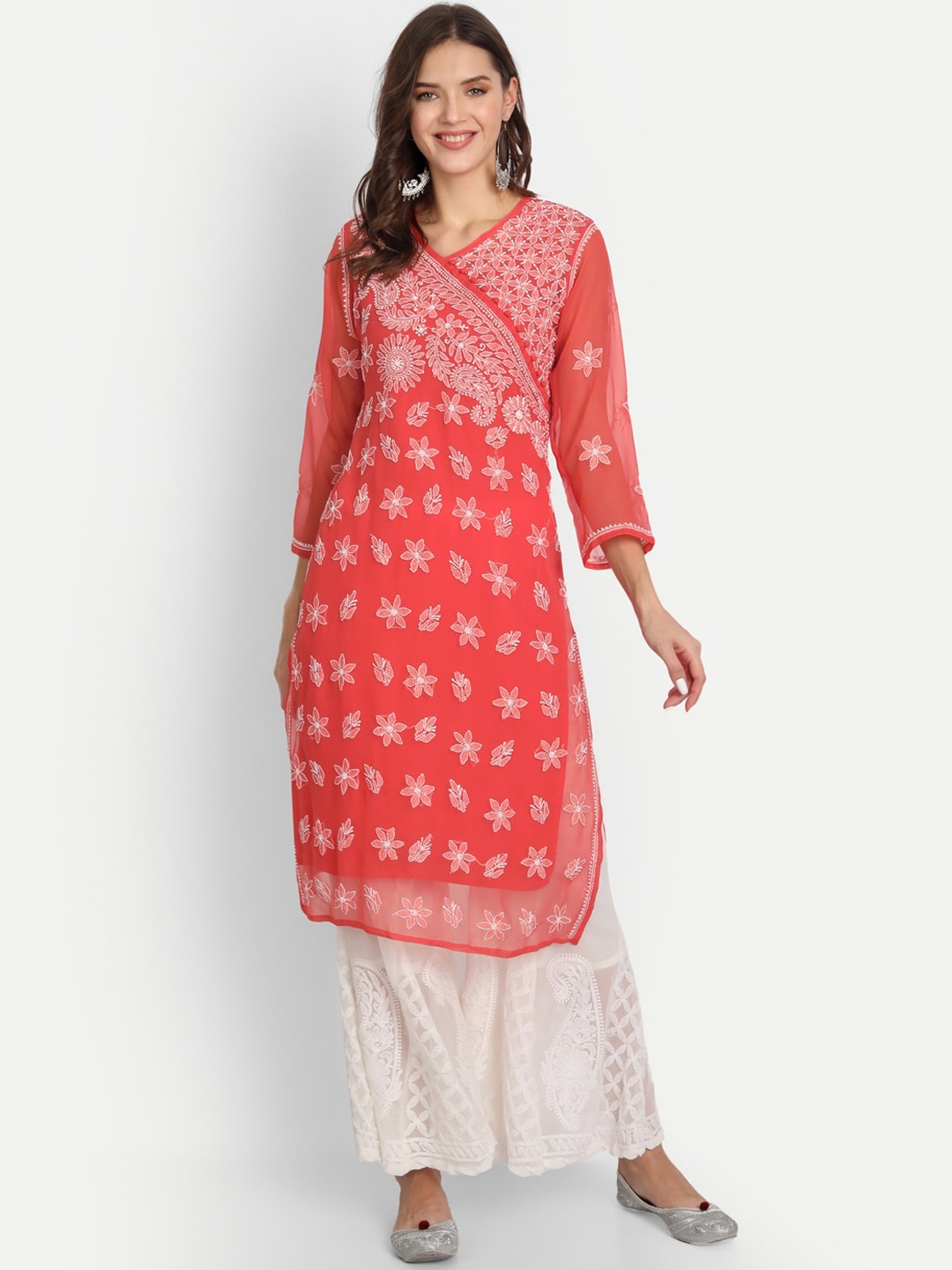 

Indiankala4u Women Red Ethnic Motifs Embroidered Layered Chikankari Kurta with Palazzos