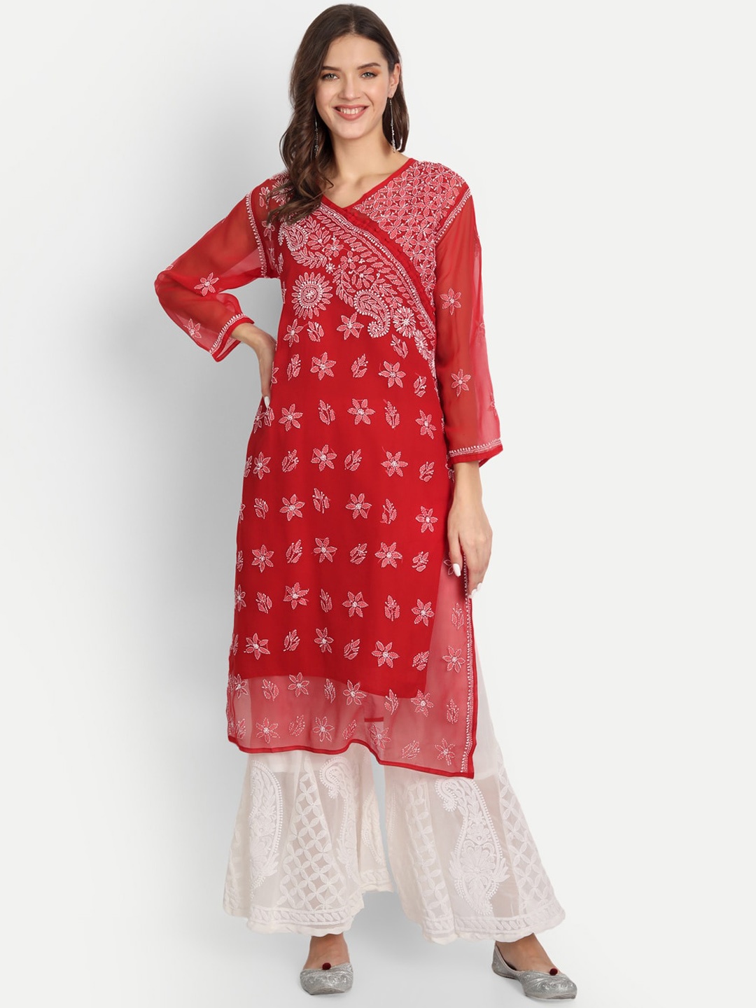 

Indiankala4u Women Red Ethnic Motifs Embroidered Chikankari Kurta with Palazzos