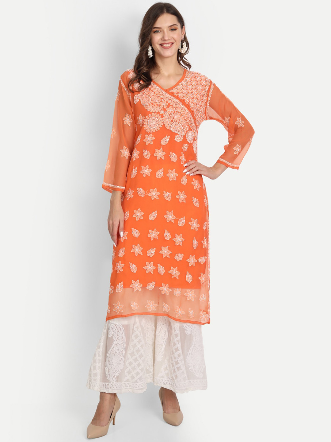 

Indiankala4u Women Orange Ethnic Motifs Embroidered Chikankari Kurta with Palazzos