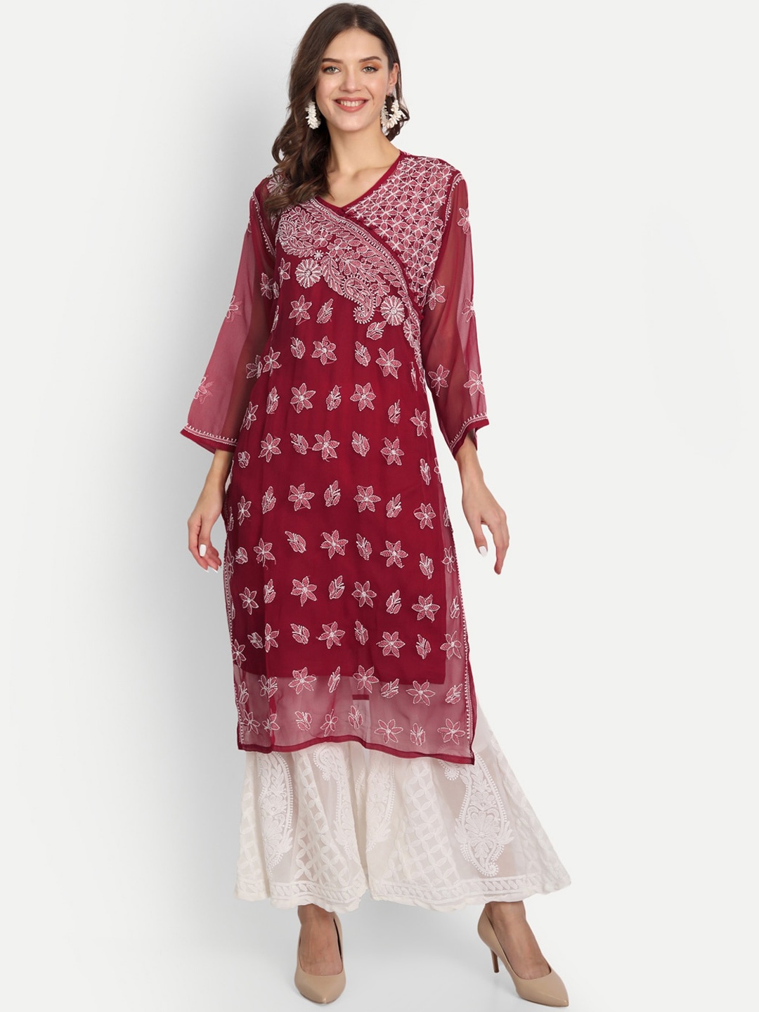 

Indiankala4u Women Maroon Ethnic Motifs Embroidered Chikankari Kurta with Palazzos