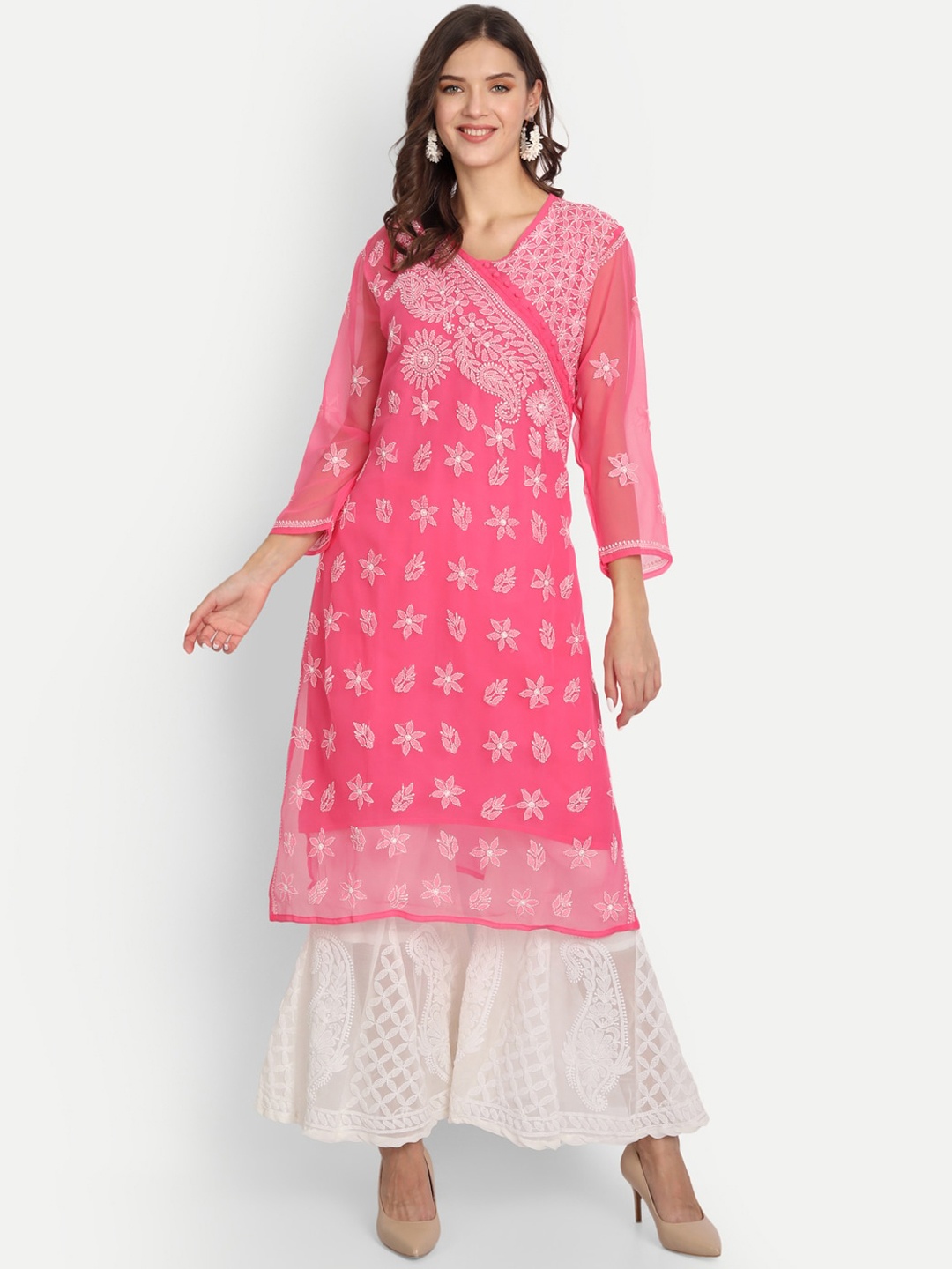 

Indiankala4u Women Pink Ethnic Motifs Embroidered Chikankari Kurta with Palazzos