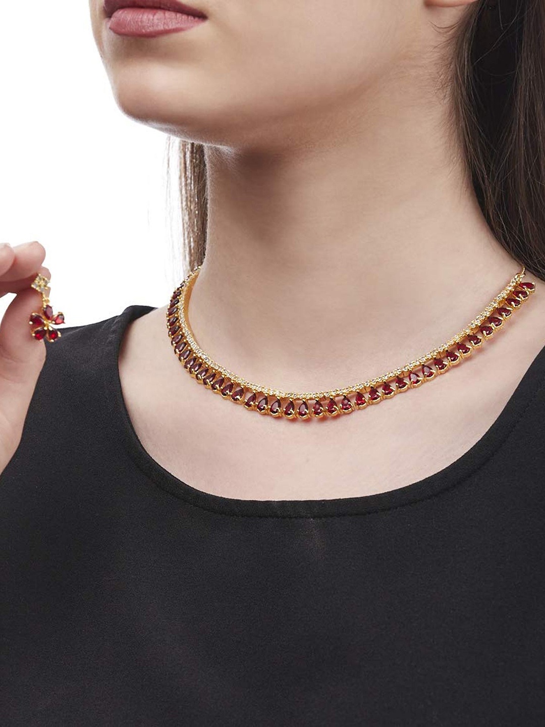 

Jewar Mandi Gold-Toned & Maroon CZ-Studded Jewellery Set