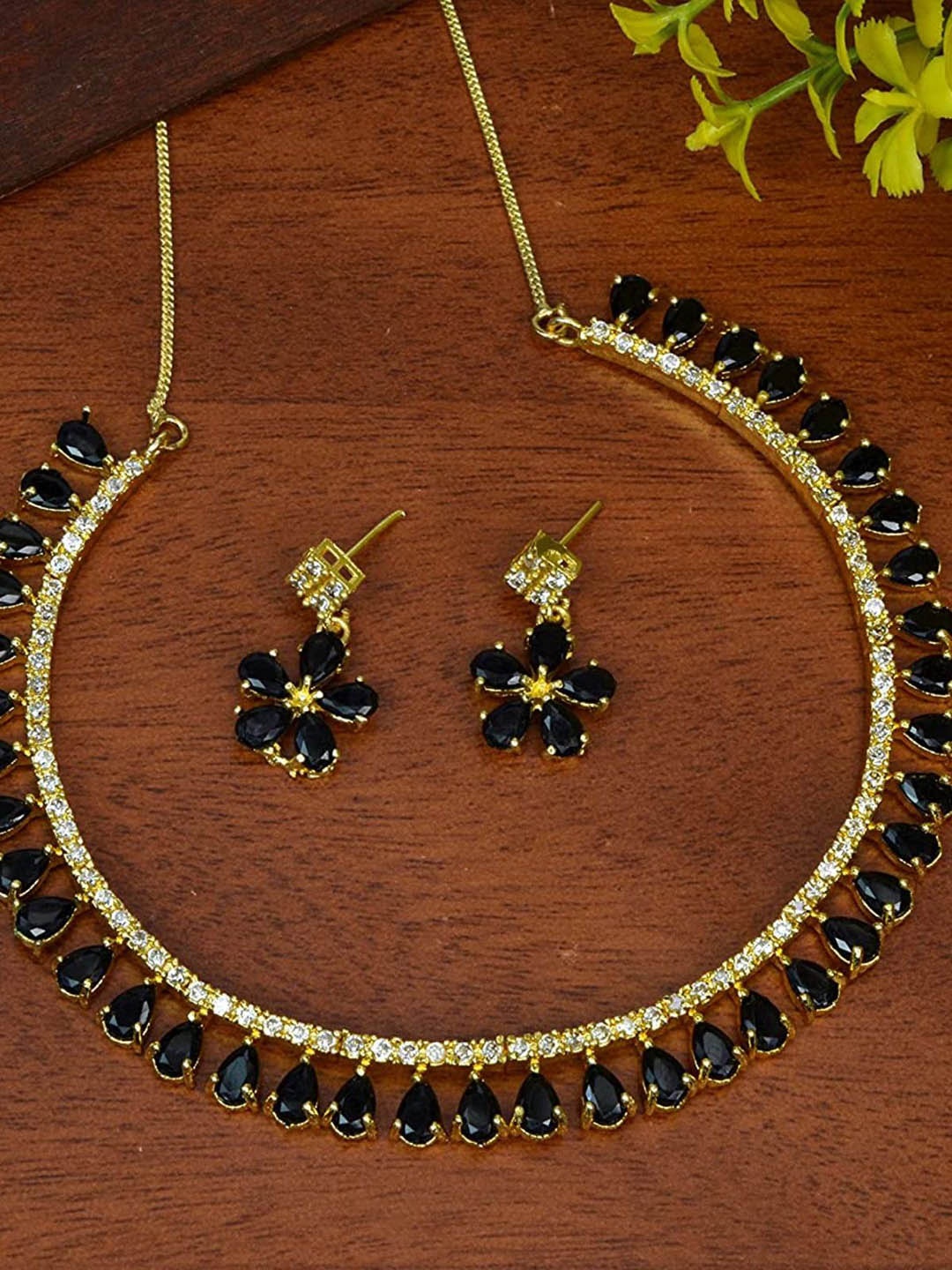 

Jewar Mandi Gold-Toned & Black CZ Studded Jewellery Set
