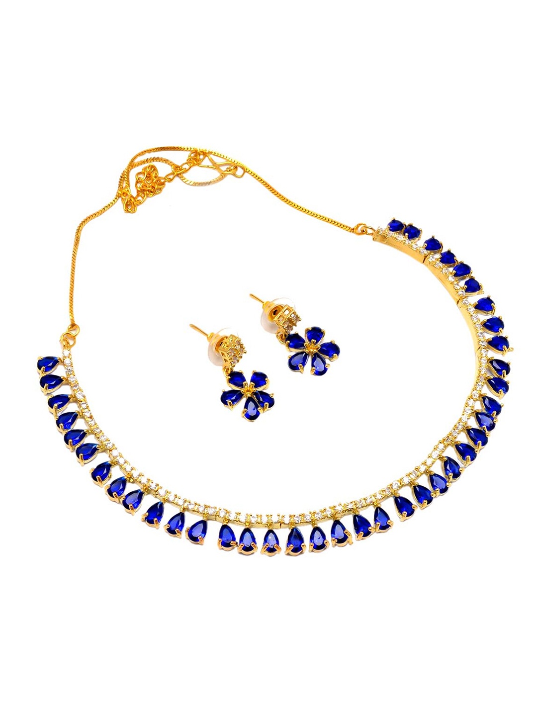 

Jewar Mandi Gold-Toned & Navy Blue CZ Stone-Studded Jewellery Set