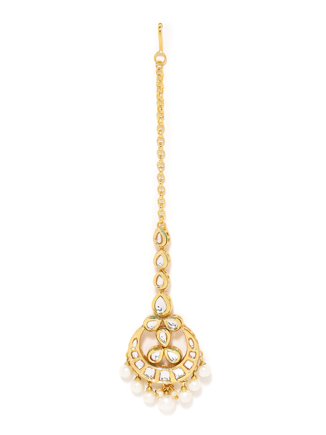 

Sanjog Gold-Plated & White Stone-Studded & Beaded Mangtikka