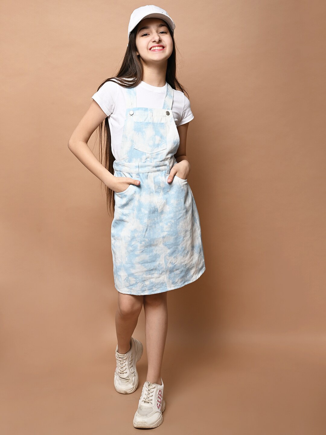 

LilPicks Girls Blue Dungaree Dress, White