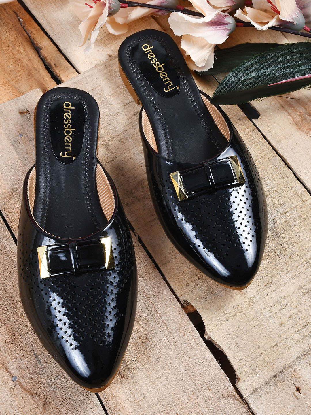 

DressBerry Women Black Textured Mules with Laser Cuts Flats