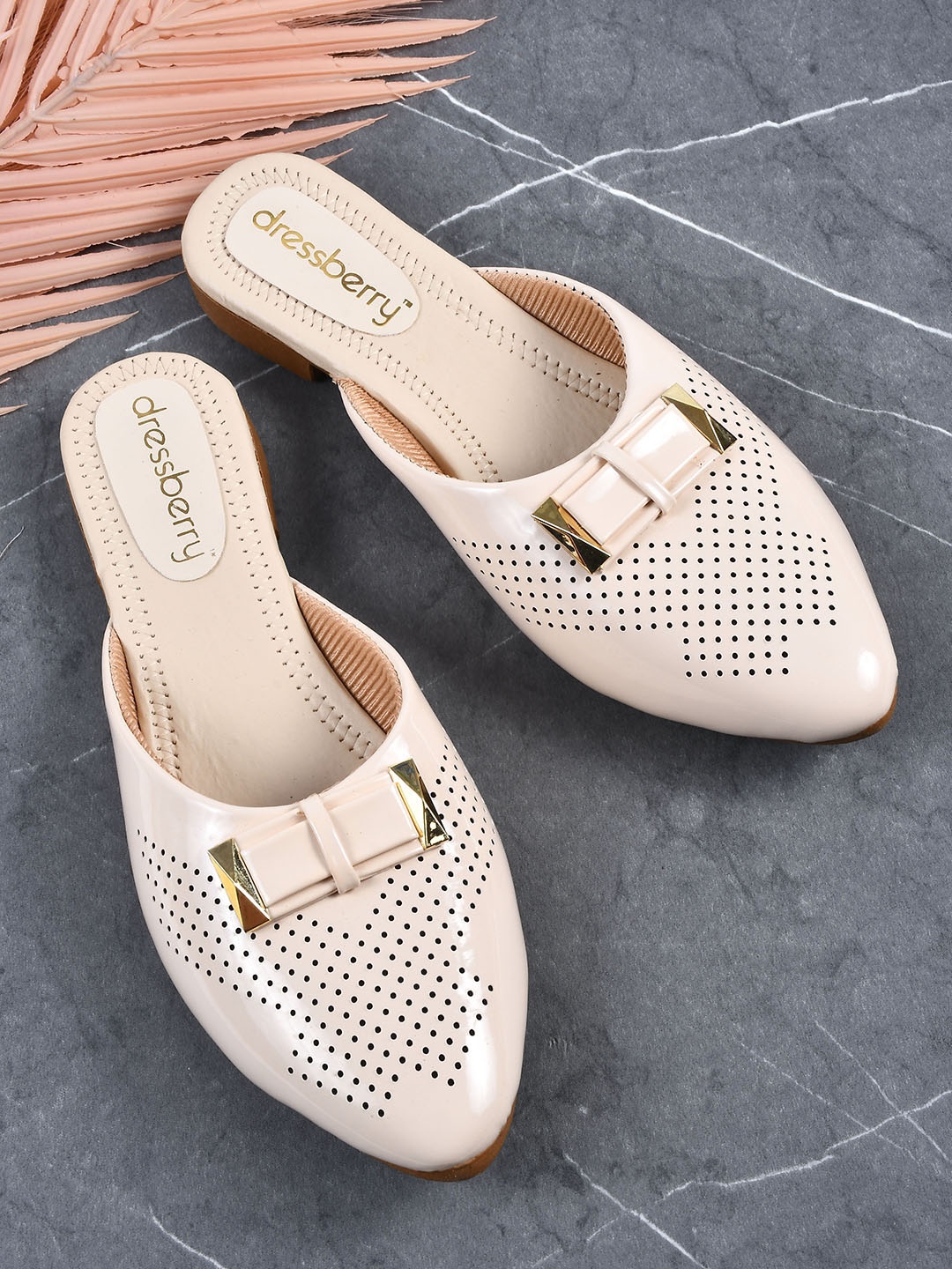 

DressBerry Women Cream-Coloured Textured Mules with Laser Cuts Flats