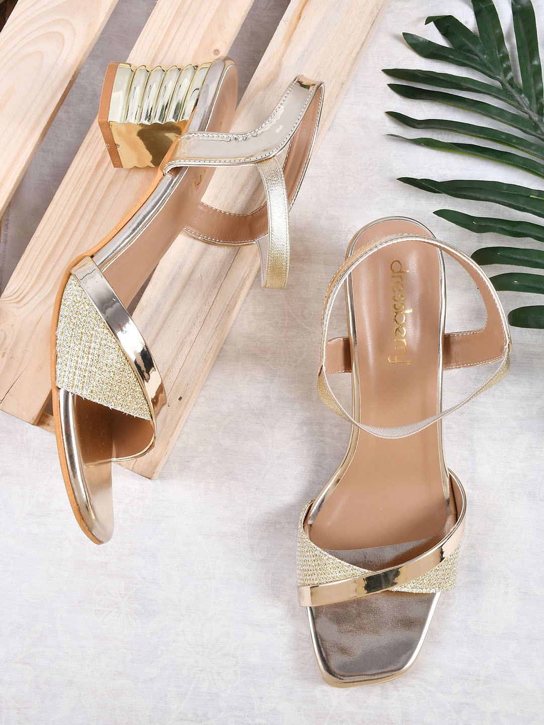 

DressBerry Women Gold-Toned Textured Party Block Sandals