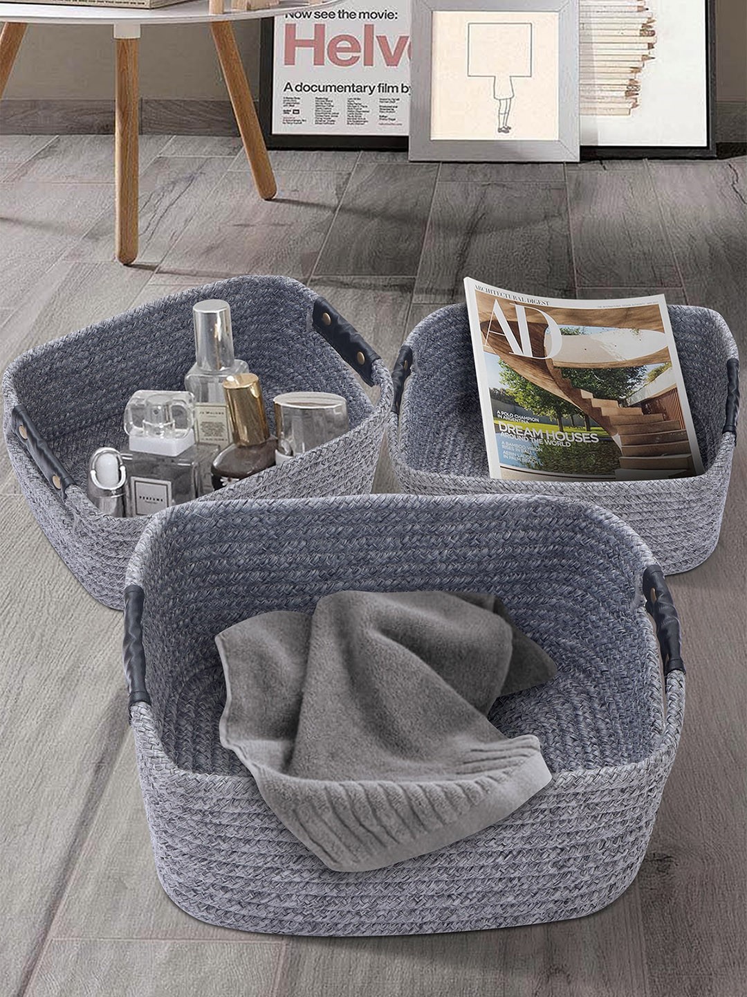 

OBSESSIONS Set Of 3 Grey Solid Storage Basket Organisers