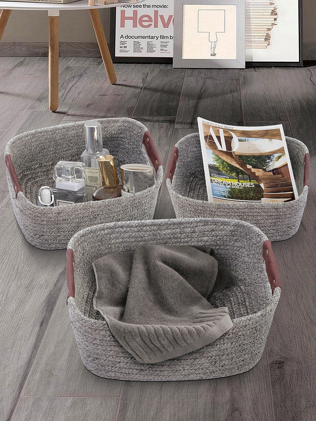 

OBSESSIONS Set Of 3 Grey Solid Multi-Purpose Storage Baskets