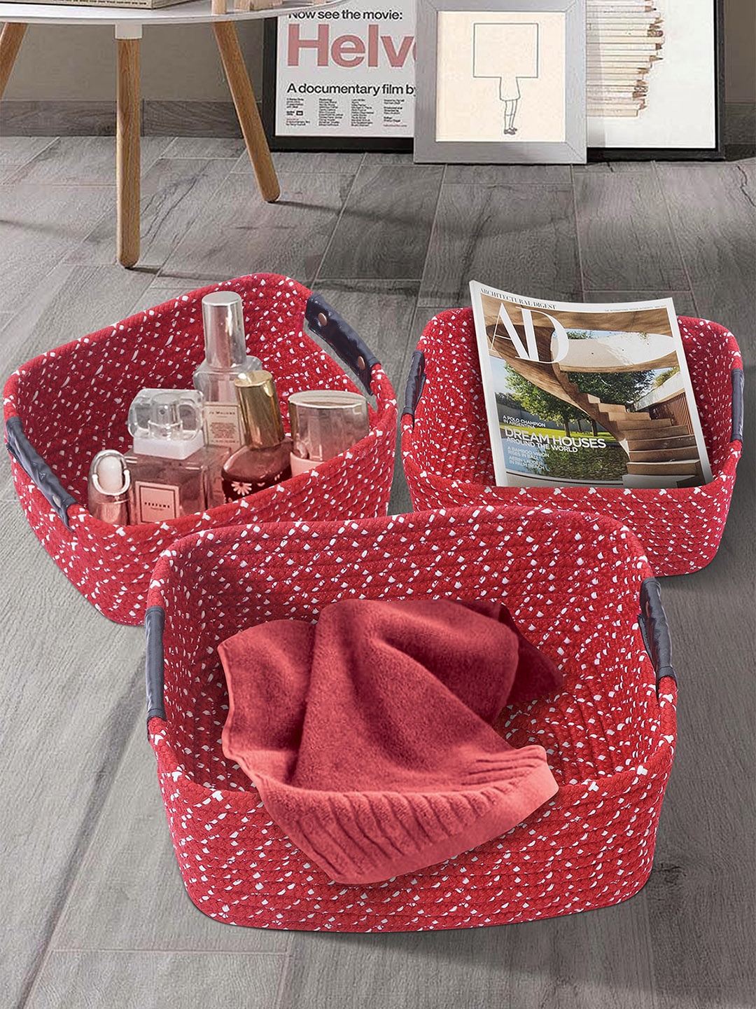 

OBSESSIONS Set Of 3 Red & White Multi-Purpose Storage Baskets