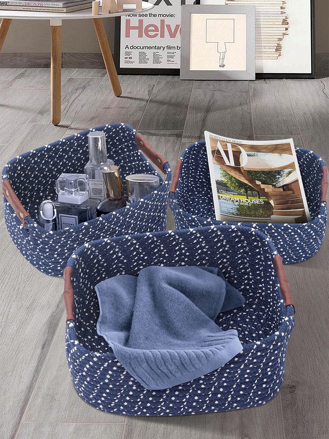 

OBSESSIONS Set Of 3 Navy Blue & White Multi-Purpose Storage Baskets
