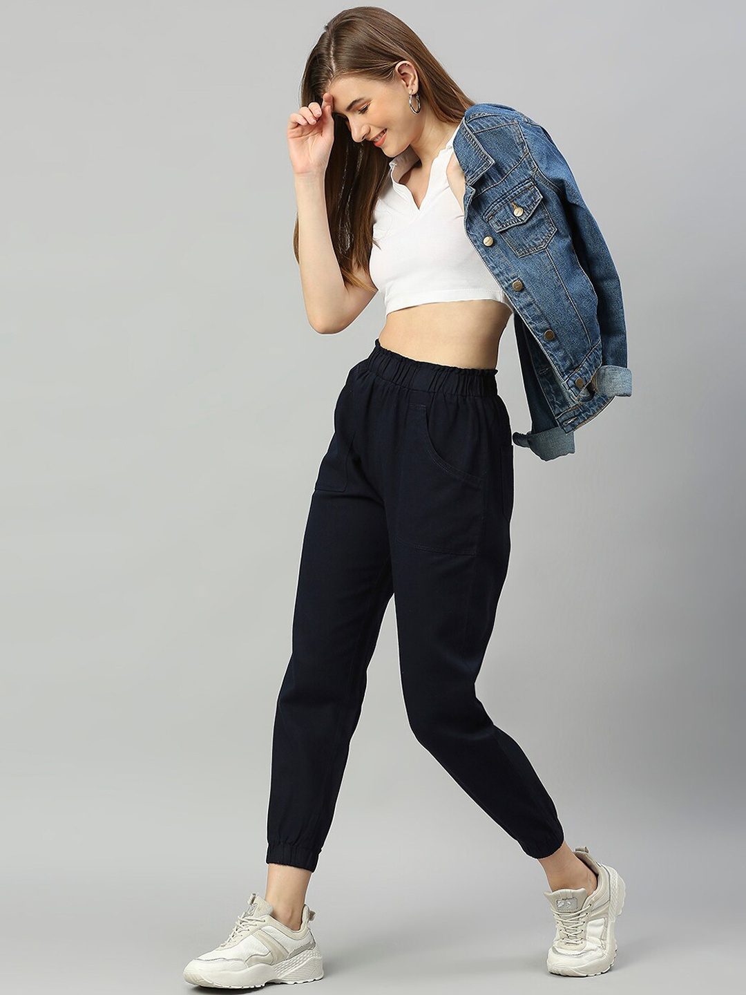 

High Star Women Navy Blue Pure Cotton Tapered Fit High-Rise Joggers