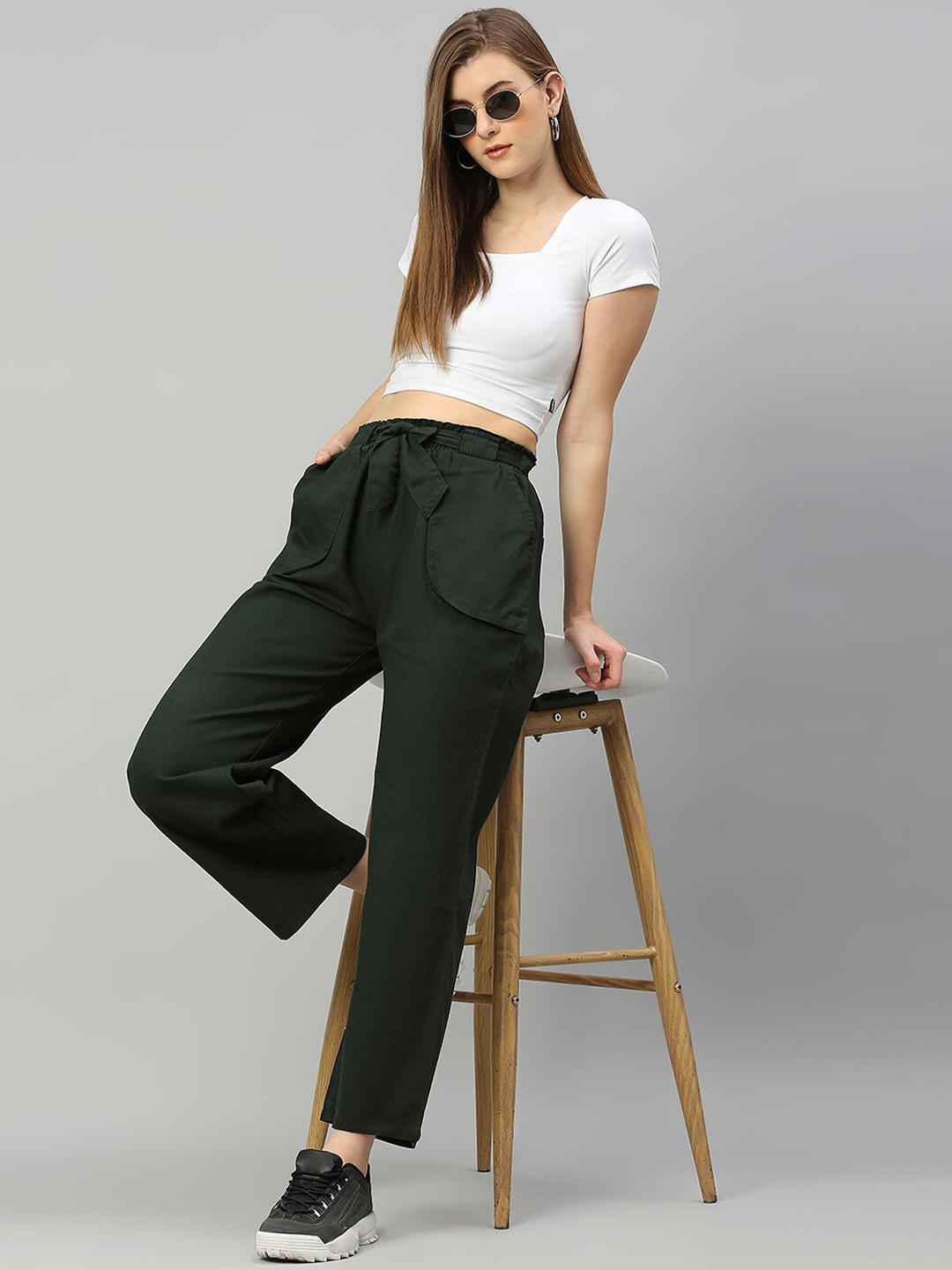 

High Star Women Olive Green Pure Cotton Flared High-Rise Trousers