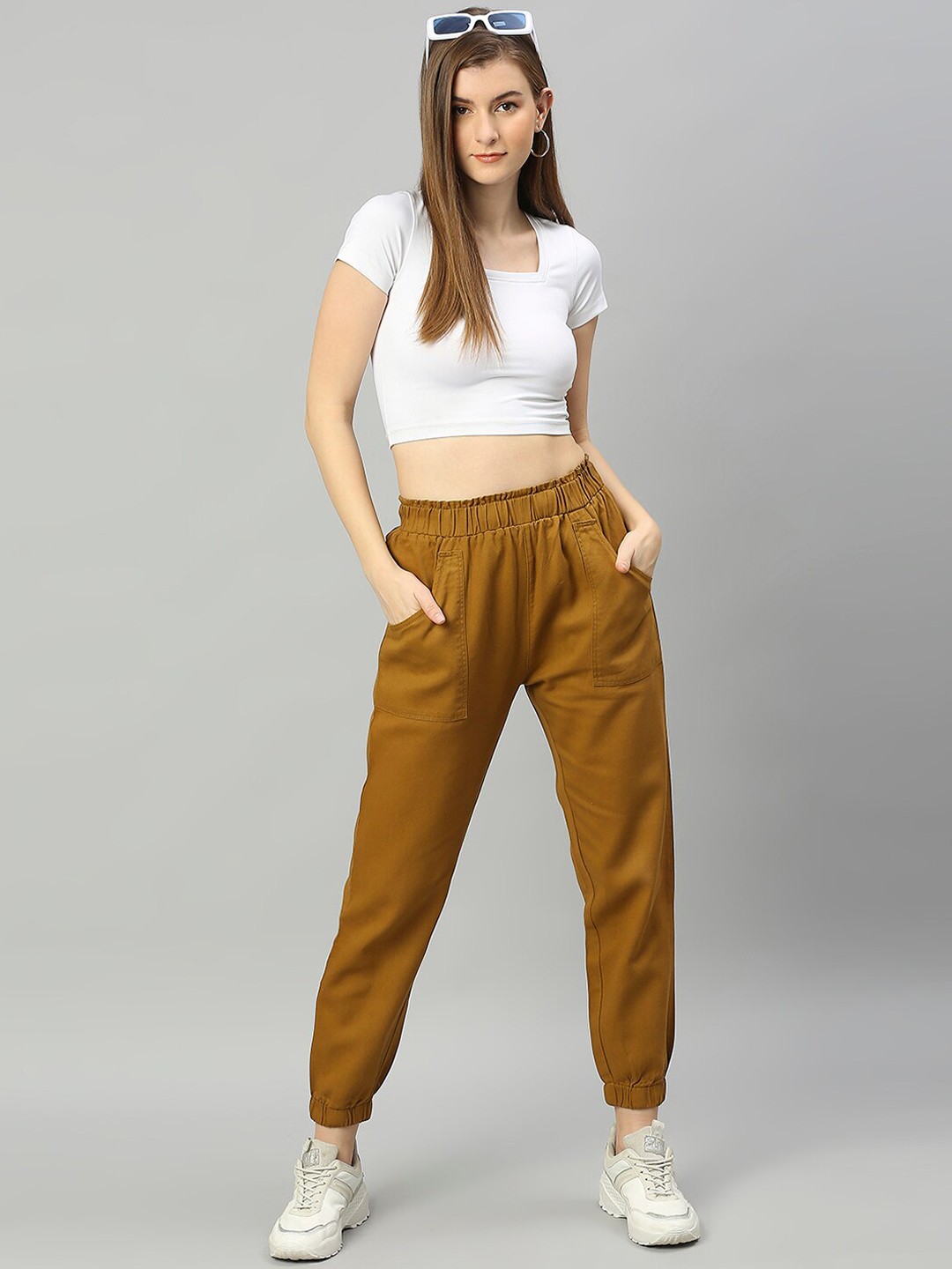 

High Star Women Rust Pure Cotton Tapered Fit High-Rise Joggers