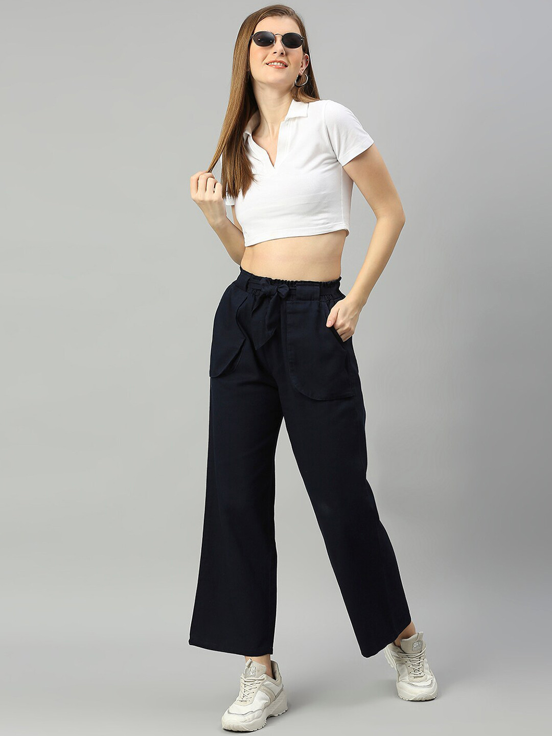 

High Star Women Navy Blue Pure Cotton Flared High-Rise Trouser