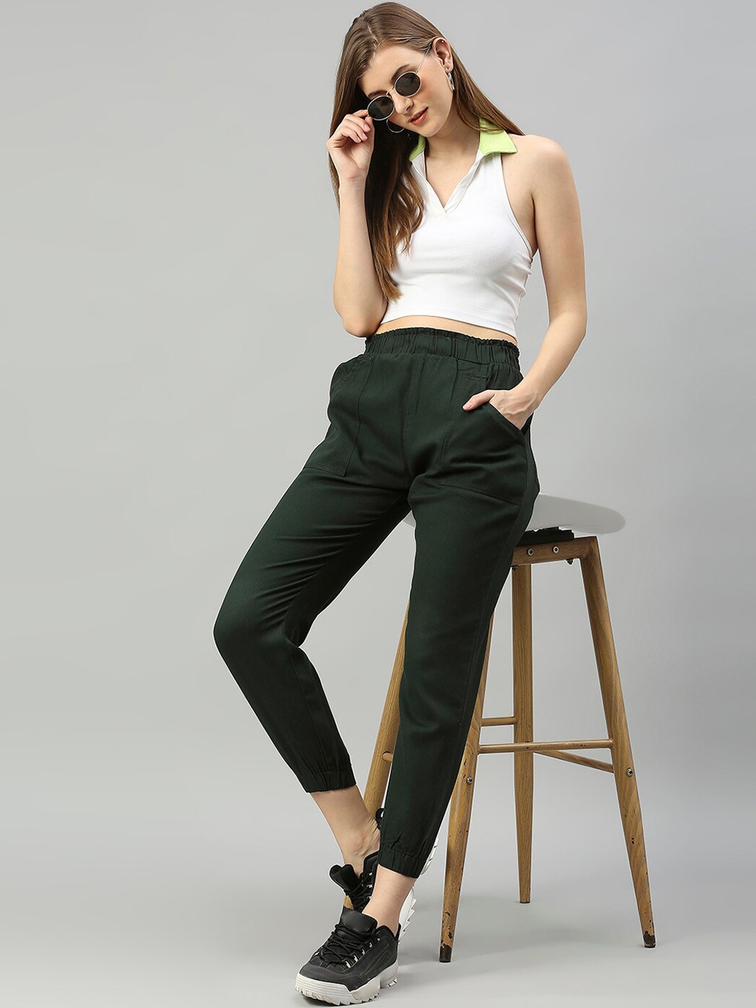 

High Star Women Olive Green Pure Cotton Tapered Fit High-Rise Joggers