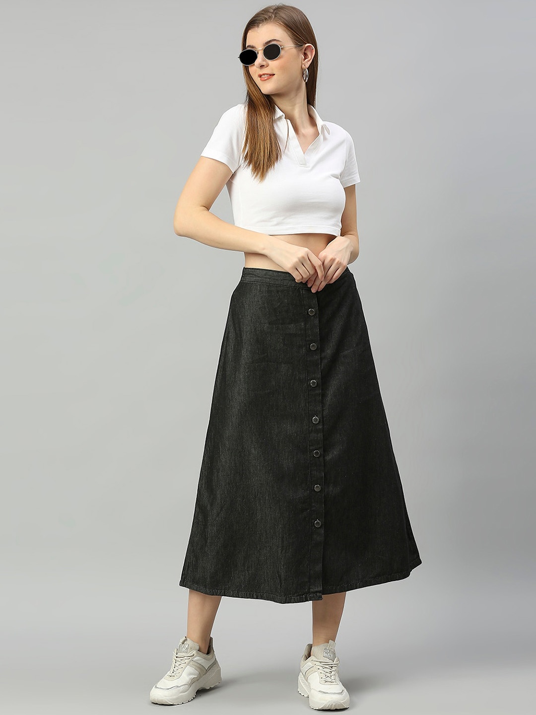 

High Star Women Charcoal Grey Solid A-Line Midi Skirts