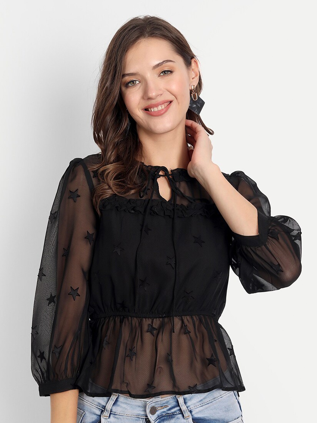 

D 'VESH Black Tie-Up Neck Ruffles Chiffon Top
