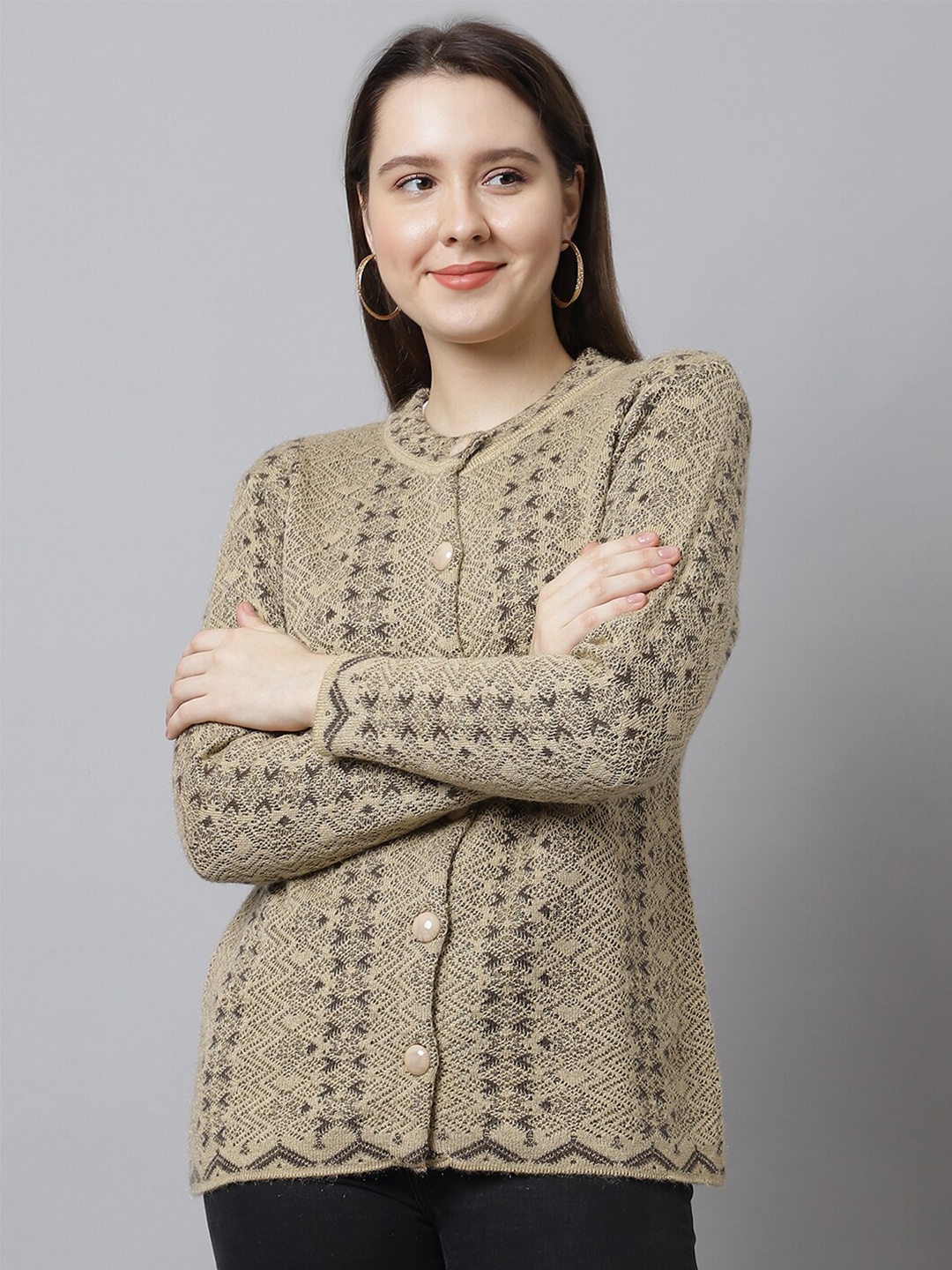 

PERFECT LINE Women Brown & Grey Geometric Design Acrylic Cardigan