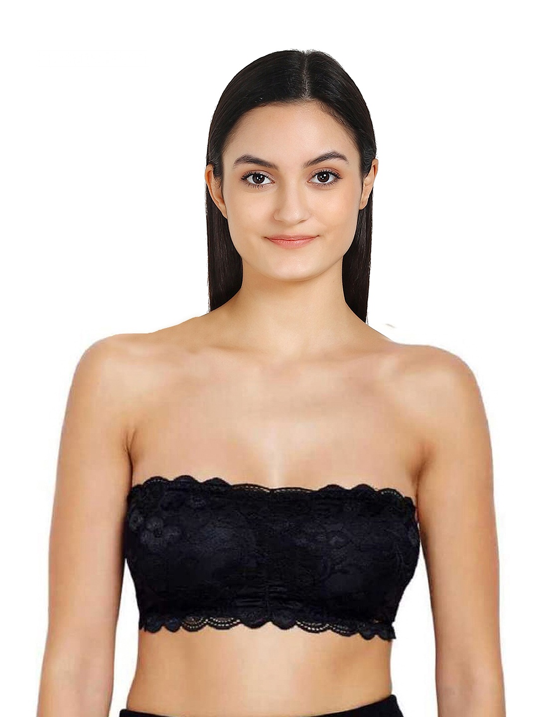 

AROUSY Black Floral Lace Non-Padded Tube Bra Lace tube Bra_Black_30