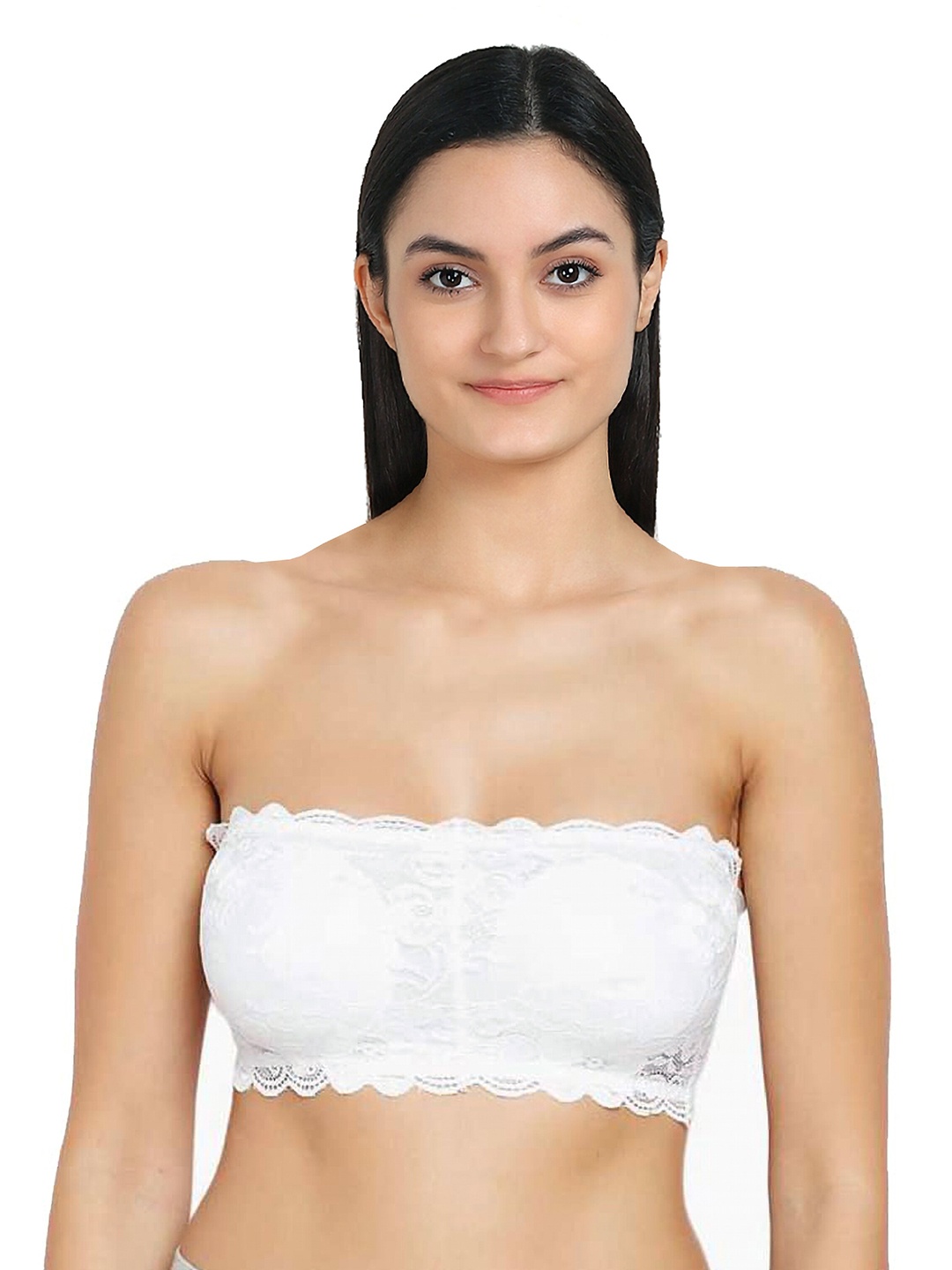 

AROUSY White Floral Lace Non-Padded Tube Bra Lace tube Bra_White_30