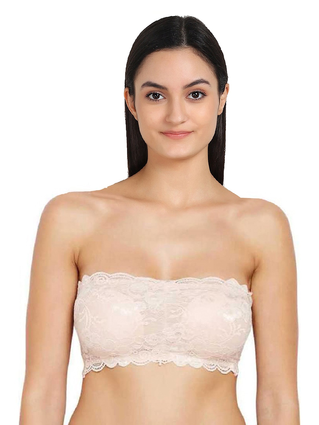 

AROUSY Beige Floral Lace Non-Padded Tube Bra Lace tube Bra_Brown_30
