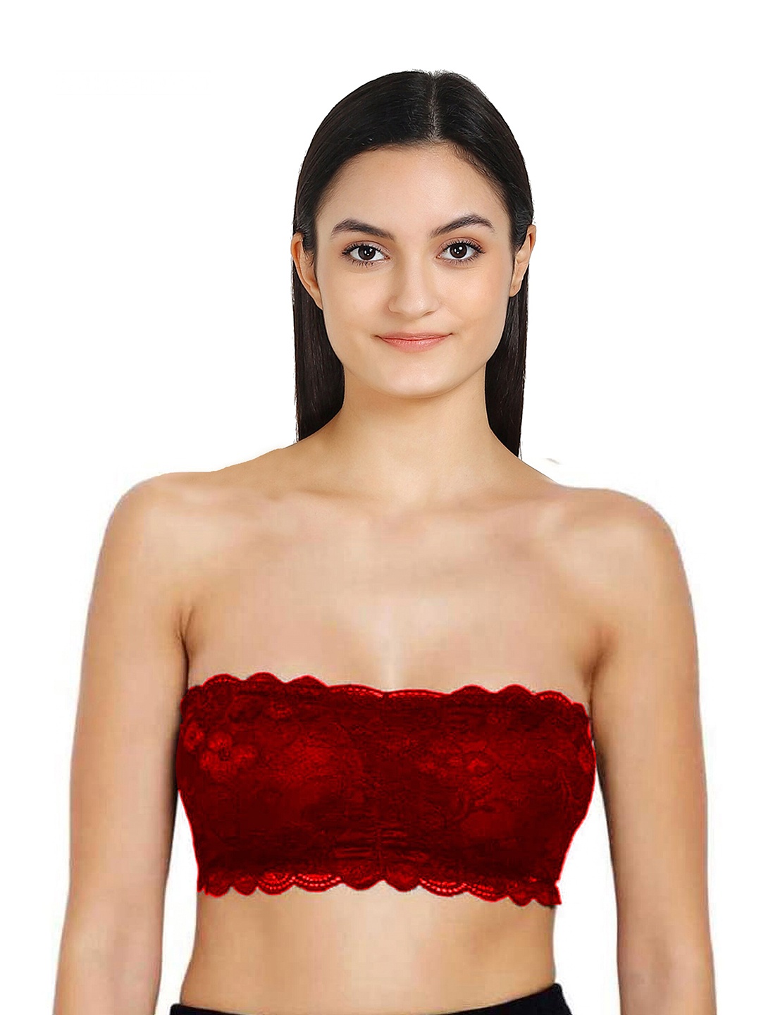 

AROUSY Red Floral Lace Non-Padded Tube Bra Lace tube Bra_Red_30