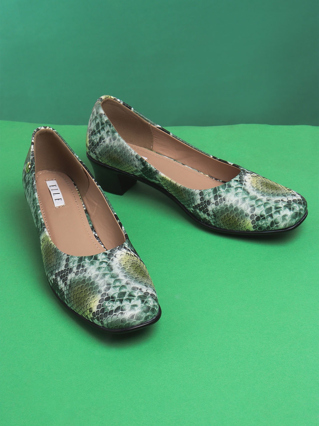 

ELLE Green Printed Block Pumps