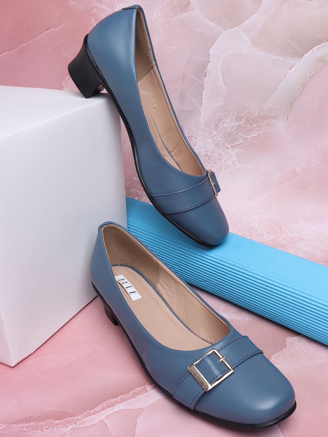 

ELLE Blue Block Pumps with Buckles