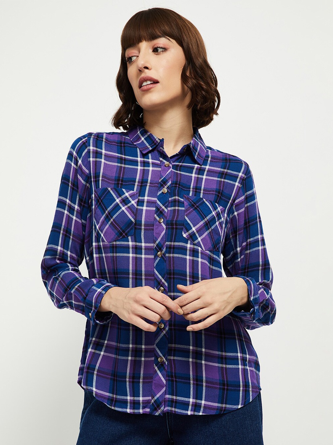 

max Women Violet Tartan Checked Casual Shirt
