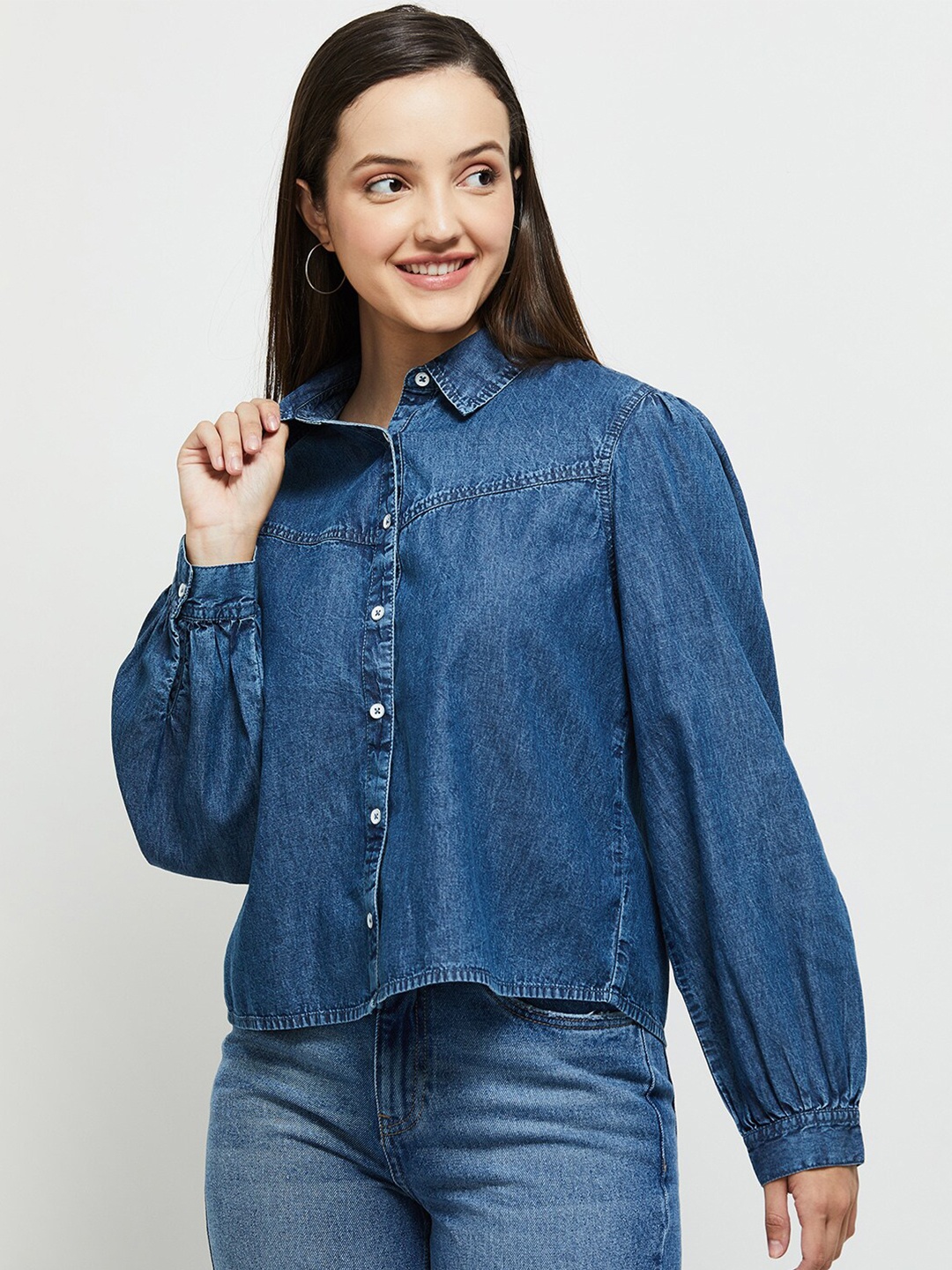 

max Women Blue Casual Cotton Shirt