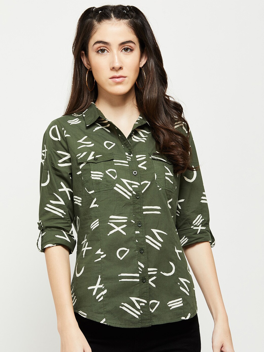 

max Women Green Printed Casual Cotton Shirt