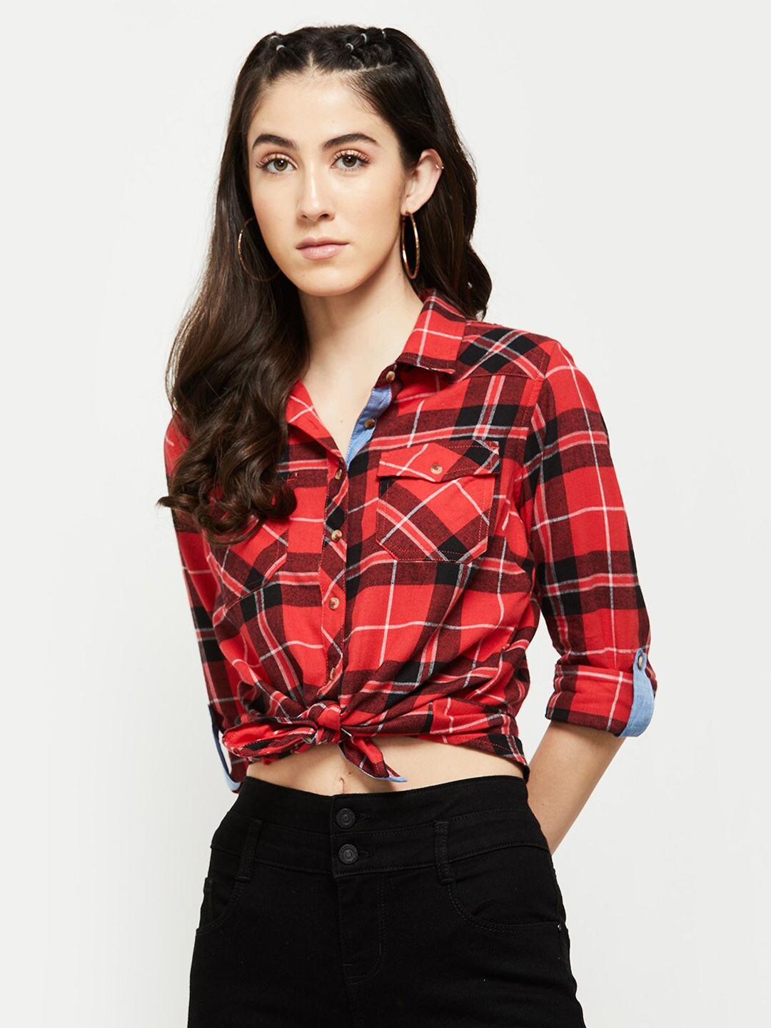 

max Women Red Tartan Checked Casual Cotton Shirt