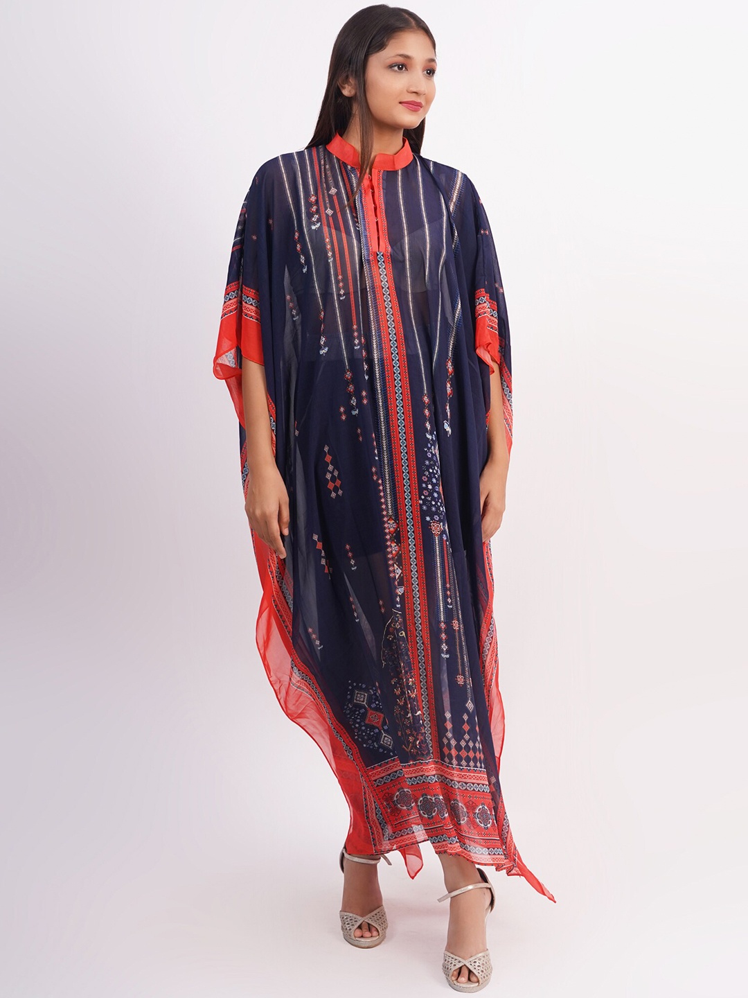 

Rajoria Instyle Women Navy Blue & Red Ethnic Motifs Georgette Ethnic Kaftan Maxi Dress