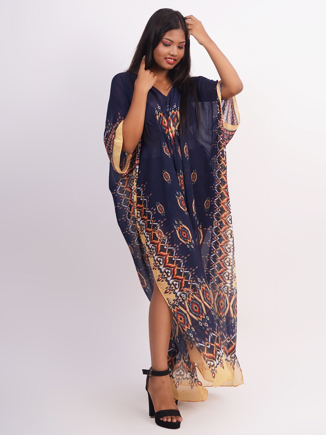 

Rajoria Instyle Navy Blue & Yellow Ethnic Motif Georgette Kaftan Maxi Dress