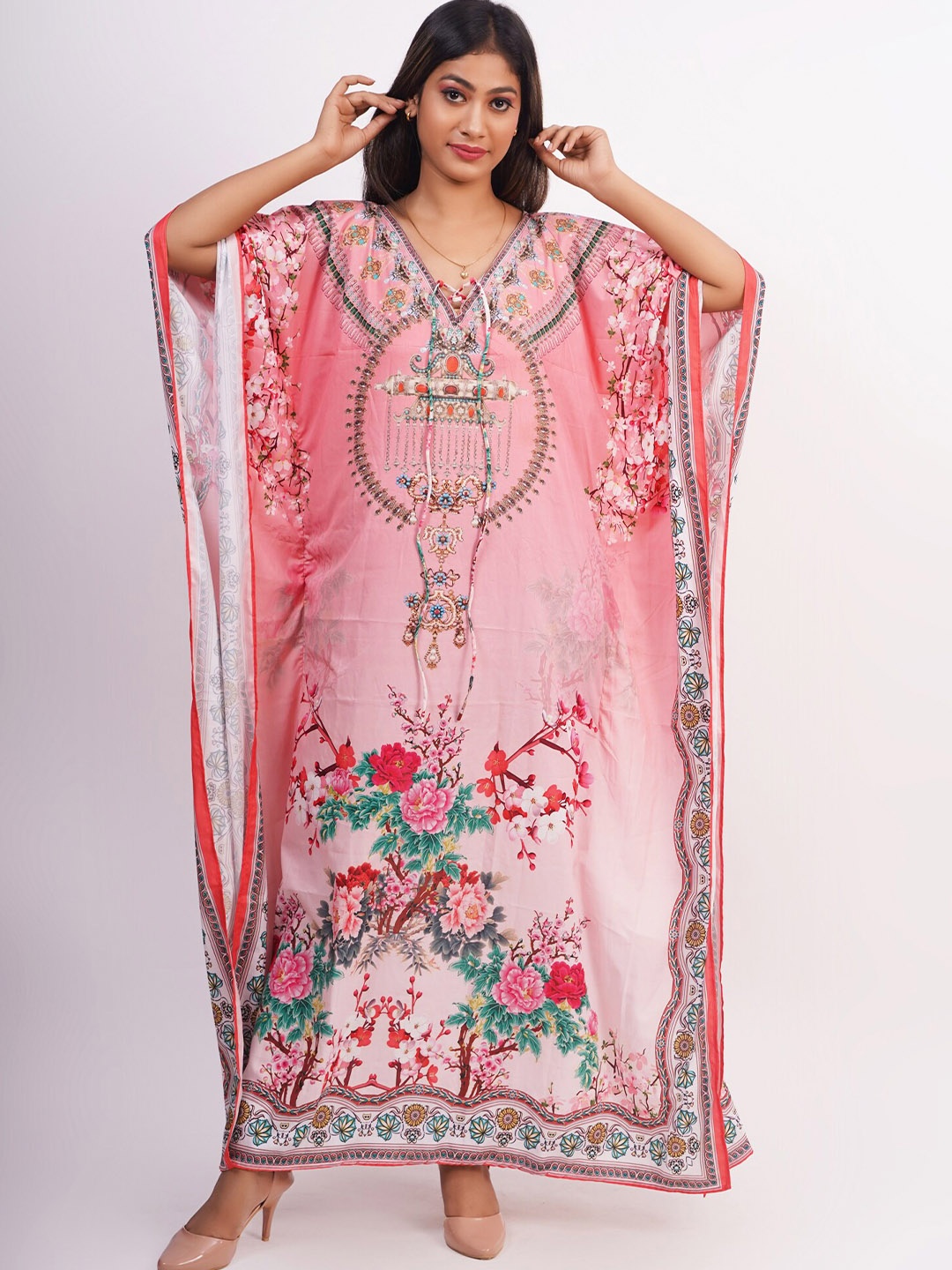 

Rajoria Instyle Pink Floral Tie-Up Neck Georgette Kaftan Maxi Dress