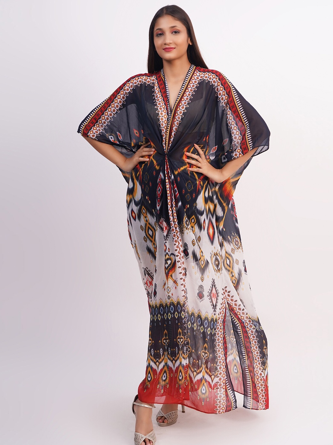 

Rajoria Instyle Black & Red Tribal Georgette Kaftan Maxi Dress